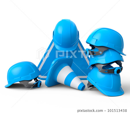 Set of safety helmets or hard hats and traffic cones, road sign on white Set of safety helmets or hard hats and traffic cones, road sign on white 101513438