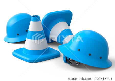 Set of safety helmets or hard hats and traffic cones on white background 101513443