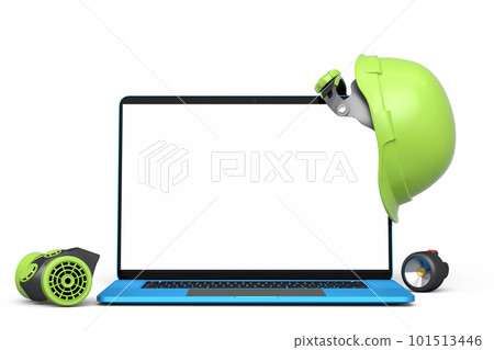 Set of safety helmets or hard caps, respirator and laptop on white background 101513446
