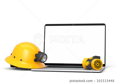 Set of safety helmets or hard caps, respirator and laptop on white background Set of safety helmets or hard caps, respirator and laptop on white background 101513448
