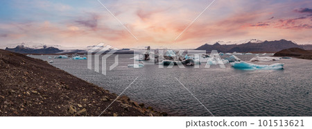 Jokulsarlon glacial lake, lagoon with ice blocks, Iceland. Situated near the edge of the Atlantic Ocean at the head of the Breidamerkurjokull glacier, Vatnajokull icecap or Vatna Glacier. Jokulsarlon glacial lake, lagoon with ice blocks, Iceland. Situated near the edge of the Atlantic Ocean at the head of the Breidamerkurjokull glacier, Vatnajokull icecap or Vatna Glacier. 101513621