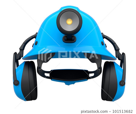 Blue safety helmet or hard cap with flashlight and headphones on wihte 101513682