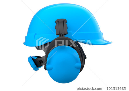 Blue safety helmet or hard cap and earphones muffs on wihte background Blue safety helmet or hard cap and earphones muffs on wihte background 101513685
