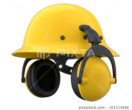 Yellow safety helmet or hard cap and earphones muffs on wihte background 101513686