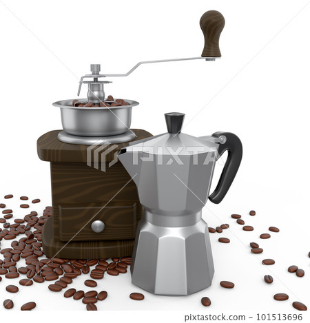 Manual wooden coffee grinder and geyser coffee maker with coffee beans on white 101513696