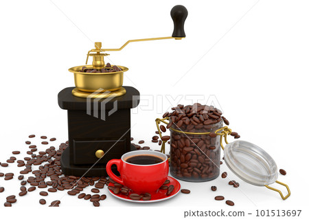Manual wooden coffee grinder with coffee beans, cup and jar on white Manual wooden coffee grinder with coffee beans, cup and jar on white 101513697