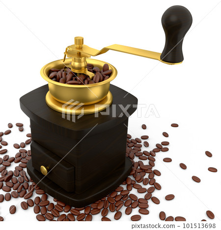 Manual wooden coffee grinder with coffee beans on white background. 101513698