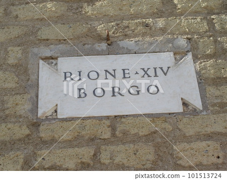 Rione Borgo marble name sign. Borgo is the district XIV of Rome, flanked by Vatican City and the Tiber River, home to the sprawling second century Castel Sant Angelo 101513724