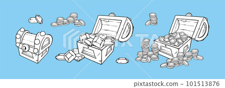 Treasure chest with coins and gem stones. Set of open and closed wooden trunks or chests with prescious stones and coins. Vector illustration Treasure chest with coins and gem stones. Set of open and closed wooden trunks or chests with prescious stones and coins. Vector illustration 101513876