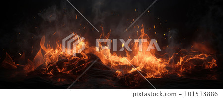 Flames of orange and yellow burning brightly against a black background. An abstract texture perfect for a fiery themed design. AI Generative. Flames of orange and yellow burning brightly against a black background. An abstract texture perfect for a fiery themed design. AI Generative. 101513886