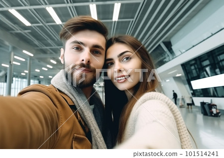 Young couple travelers selfie. Created with generative Ai technology. 101514241