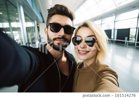 Young couple travelers selfie. Created with generative Ai technology. 101514276