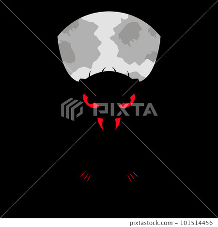 A vampire with bloody eyes, fangs and claws on a pale moon background. Cartoon character. Black silhouette. Vector illustration for halloween and other ideas. 101514456