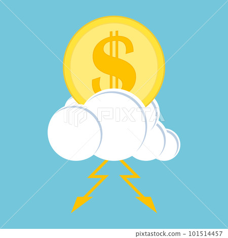 Golden coin with dollar symbol with lightning on a thundercloud on blue sky background. Vector illustration. Golden coin with dollar symbol with lightning on a thundercloud on blue sky background. Vector illustration. 101514457