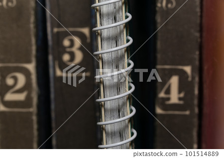 A spring-loaded notebook among old brown books 101514889