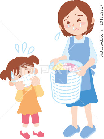 Mama with watery eyes and runny nose and girl in mask Mama with watery eyes and runny nose and girl in mask 101515217