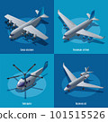 Aircraft different types 2X2, cargo airplane, passenger aircraft, helicopter, business jet, vector illustration isometric icons on isolated background 101515526