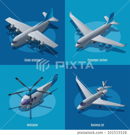 Aircraft different types 2X2, cargo airplane, passenger aircraft, helicopter, business jet, vector illustration isometric icons on isolated background 101515526