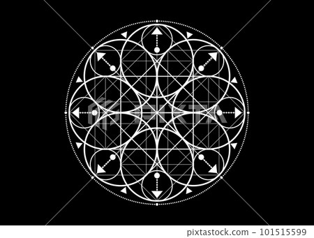 Sacred Geometry symbol. Logo icon Geometric mystic mandala of alchemy esoteric Flower of Life. Mystical arrows of fortune, white vector tattoo divine meditative amulet isolated on black background Sacred Geometry symbol. Logo icon Geometric mystic mandala of alchemy esoteric Flower of Life. Mystical arrows of fortune, white vector tattoo divine meditative amulet isolated on black background 101515599