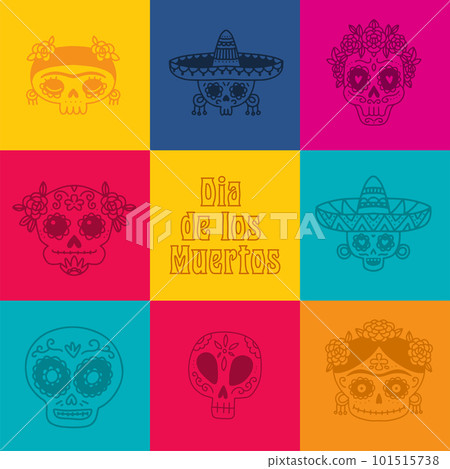Day of the dead, Dia de los muertos, greeting card or banner with colorful cells with Mexican sugar skulls. Fiesta, holiday poster, party flyer. Doodle vector illustration. 101515738