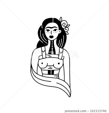 Beautiful girl with an iron spine and bandages with flowers in her hair. Fashion doole vector illustration. Sad Frida portrait. Black vector illustration for tee, t-shirt print. Beautiful girl with an iron spine and bandages with flowers in her hair. Fashion doole vector illustration. Sad Frida portrait. Black vector illustration for tee, t-shirt print. 101515740
