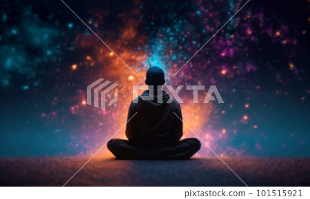 Buddhist monk observing the universe sitting in lotus position to do meditate, galaxy and stars fantasy background Buddhist monk observing the universe sitting in lotus position to do meditate, galaxy and stars fantasy background 101515921