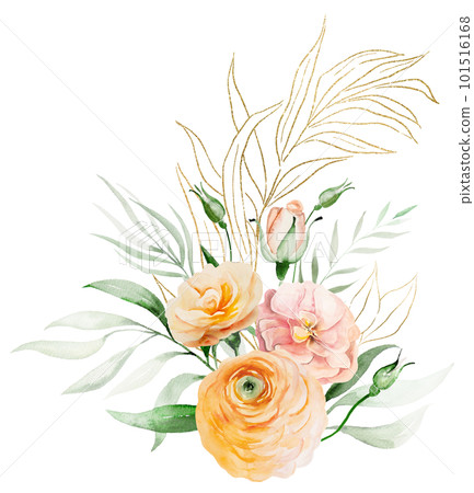Bouquet made of orange and yellow watercolor flowers and green leaves, isolated wedding illustration Bouquet made of orange and yellow watercolor flowers and green leaves, isolated wedding illustration 101516168