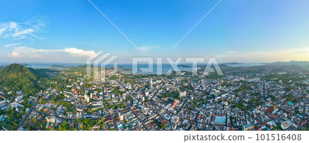 Phuket city Thailand on March 2023, Aerial view drone photography High angle view of Phuket city, Phuket province Thailand, Panorama of phuket city thailand in sunset or sunrise sky background 101516408