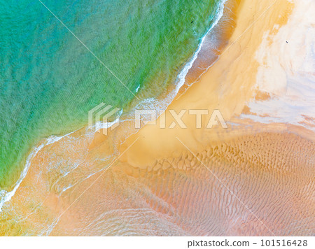 Top view Colorful Beach waves sea surface seashore, Amazing waves crashing on sandy shore,Beautiful sand beach,Nature and travel background 101516428