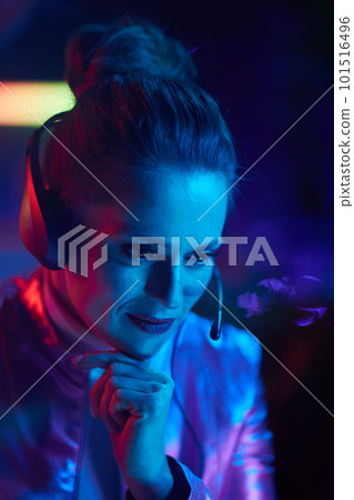 pensive stylish woman with headset pensive stylish woman with headset 101516496