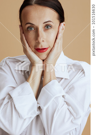 modern woman in white shirt isolated on beige modern woman in white shirt isolated on beige 101516630