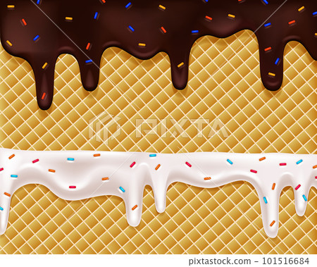 Realistic drip cream drops melt drops with sprinkles. Melted white sweet liquid splashes, glossy cream border with dripping droplets. Seamless pattern. 3d realistic vector 101516684