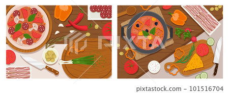 Cooking food, top view. Cook process, ingredients preparation from above. Chefs at work in the kitchen Cooking food, top view. Cook process, ingredients preparation from above. Chefs at work in the kitchen 101516704