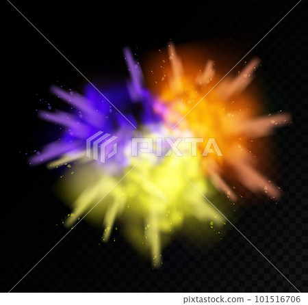 Holi paint powder color explosion realistic. Splash of paint dust with particles. Vector realistic set of burst effect of colorful powder clouds Holi paint powder color explosion realistic. Splash of paint dust with particles. Vector realistic set of burst effect of colorful powder clouds 101516706
