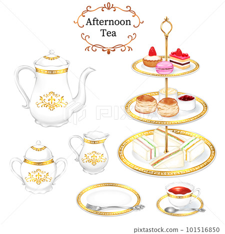 Watercolor afternoon tea set (antique gold pattern tableware) no background Watercolor afternoon tea set (antique gold pattern tableware) no background 101516850