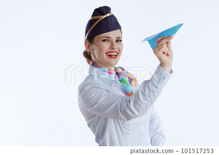 happy stylish stewardess woman on white 101517253