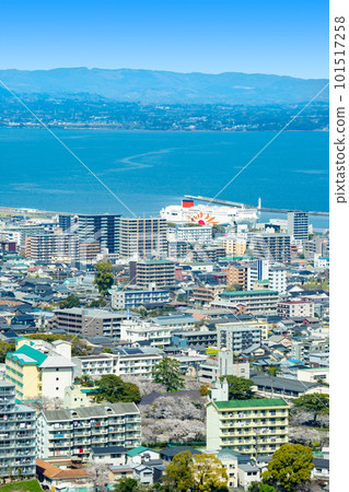 Cityscape of Beppu seen from Global Tower and anchored ferry 101517258