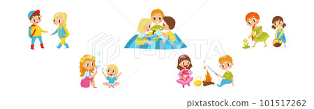 Little Girl and Boy Camping Engaged in Summer Activities Enjoying Adventure Vector Illustration Set Little Girl and Boy Camping Engaged in Summer Activities Enjoying Adventure Vector Illustration Set 101517262
