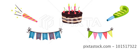 Colorful Flag Garland, Cake and Whistle as Birthday Celebration Symbol Vector Set 101517322