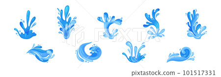 Blue Curved Water Splashes with Drops Vector Set 101517331