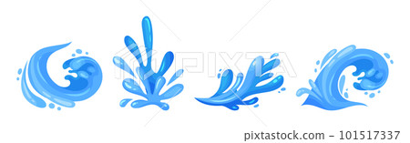 Blue Curved Water Splashes with Drops Vector Set 101517337
