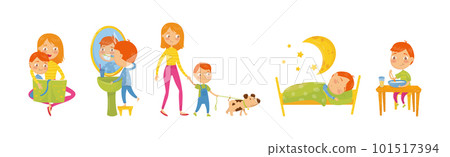 Little Boy Engaged in Daily Activity and Everyday Routine Vector Set Little Boy Engaged in Daily Activity and Everyday Routine Vector Set 101517394