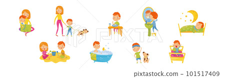 Little Boy Engaged in Daily Activity and Everyday Routine Vector Set Little Boy Engaged in Daily Activity and Everyday Routine Vector Set 101517409