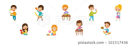 Cute Boy and Girl Character Eating Healthy and Fast Food for Lunch Vector Set 101517436