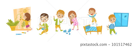 Naughty Girl and Boy Sitting in Mud and Breaking Vase Vector Illustration Set Naughty Girl and Boy Sitting in Mud and Breaking Vase Vector Illustration Set 101517462