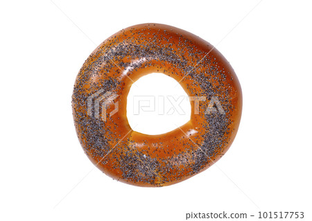 Fresh bagel with poppy seeds isolated on white. Top view Fresh bagel with poppy seeds isolated on white. Top view 101517753