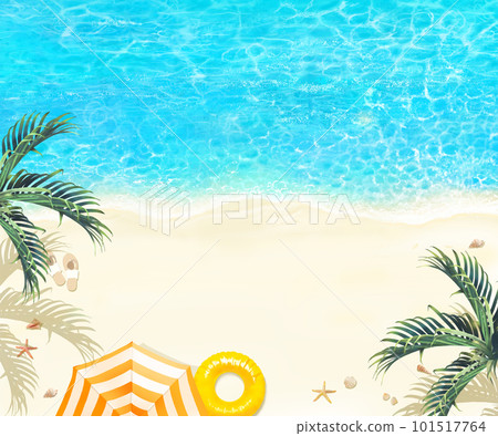 從夏季時尚框架背景材料上方看到的美麗海灘上的棕櫚葉、浮環和條紋遮陽傘 從夏季時尚框架背景材料上方看到的美麗海灘上的棕櫚葉、浮環和條紋遮陽傘 101517764