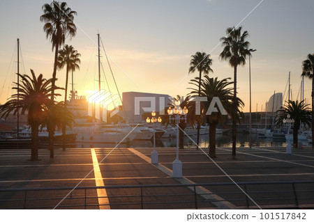 Sea harbor with yachts at sunset. City landscape Sea harbor with yachts at sunset. City landscape 101517842