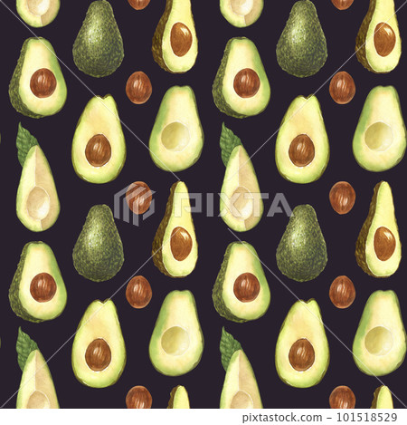 Watercolor seamless pattern of fresh whole and sliced avocado. Hand-drawn illustration isolated on black background. Perfect food menu, healthy food drawing, design packing. 101518529
