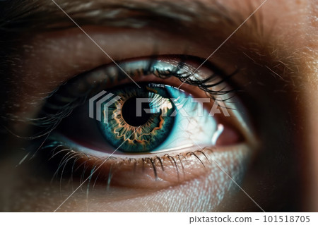Close-up of a stunning blue eye in macro view. Focus on the pupil and iris with emphasis on the optical anatomy. Perfect for ophthalmology and beauty photography. AI Generative. 101518705
